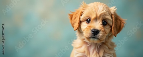 Fluffy puppy's adorable face with big brown eyes and wiggly ears, cute, puppy, breed photo