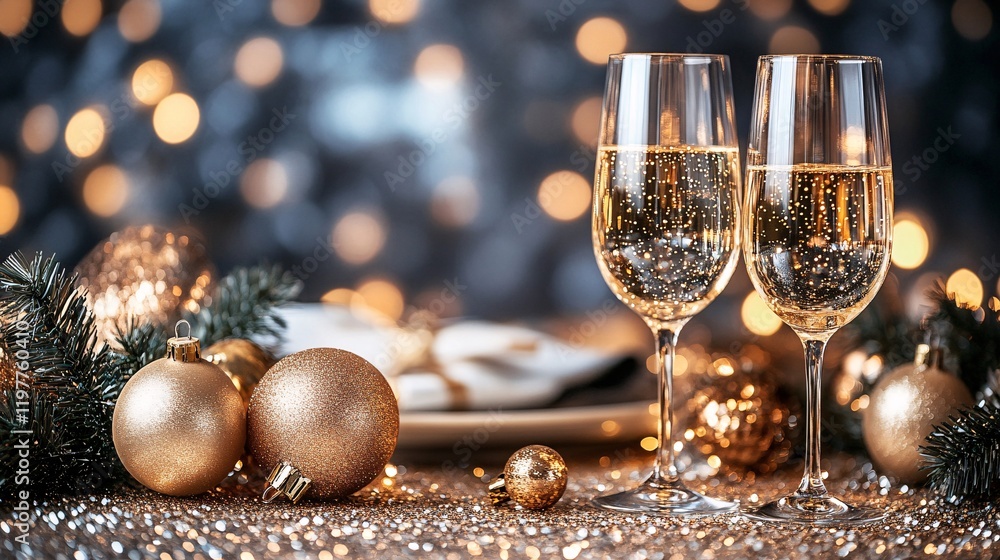 Elegant New Year celebration table setting with sparkling drinks and festive decorations Elegant New Year celebration table setting with sparkling drinks and festive decorations