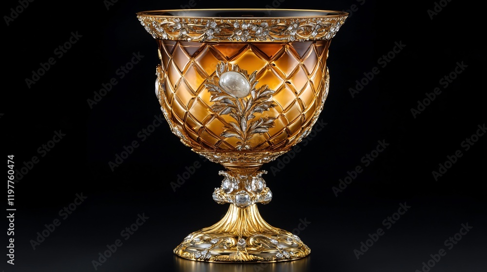 Ornate golden chalice with floral motifs and gemstones on a dark background Ornate golden chalice with floral motifs and gemstones on a dark background