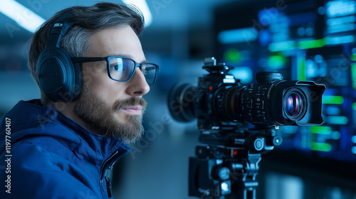 A videographer wearing headphones, focused on filming with a professional camera in a high-tech setting photo