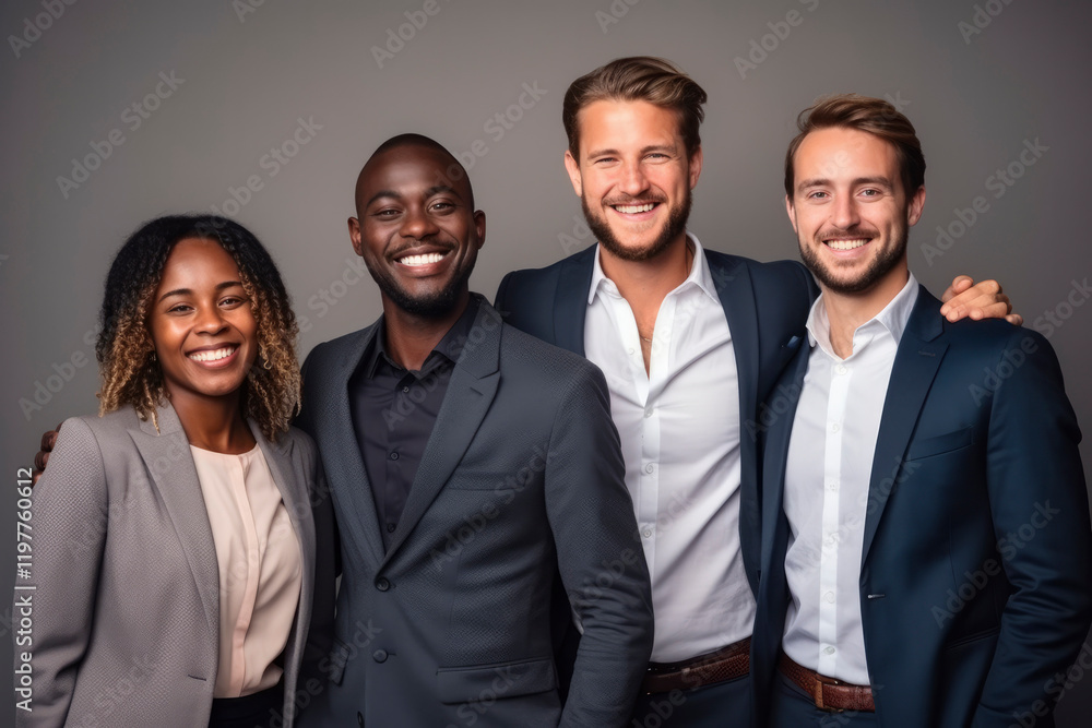 Portrait of group of successful young people of different races on gray background. Businessmen men and businesswomen smile, look at camera. Multiethnic team of creative people, people of different Portrait of group of successful young people of different races on gray background. Businessmen men and businesswomen smile, look at camera. Multiethnic team of creative people, people of different