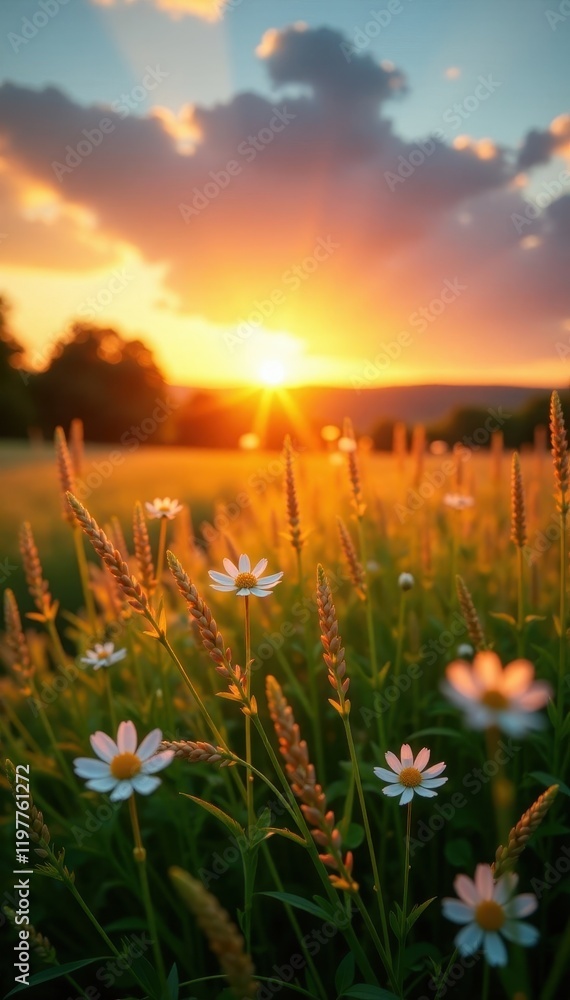 Naklejka premium Golden hour light bathes idyllic meadow, blurred sunset , evening, summer, sunset
