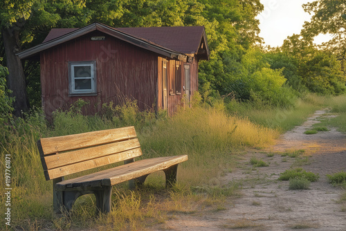 Rustic charm of a serene rest area along the rail trail at sunset photo