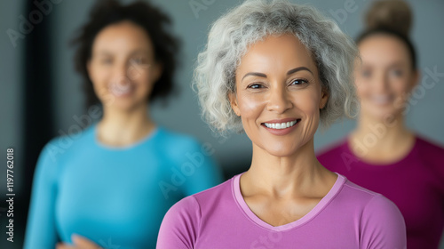 A joyful senior woman smiling in front of other women, showing fitness and well-being photo