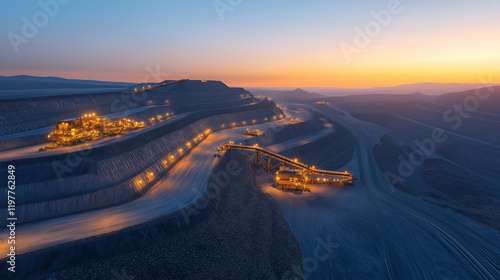 A large open-pit coal mine at sunrise, with mining equipment and lights illuminating the scene photo