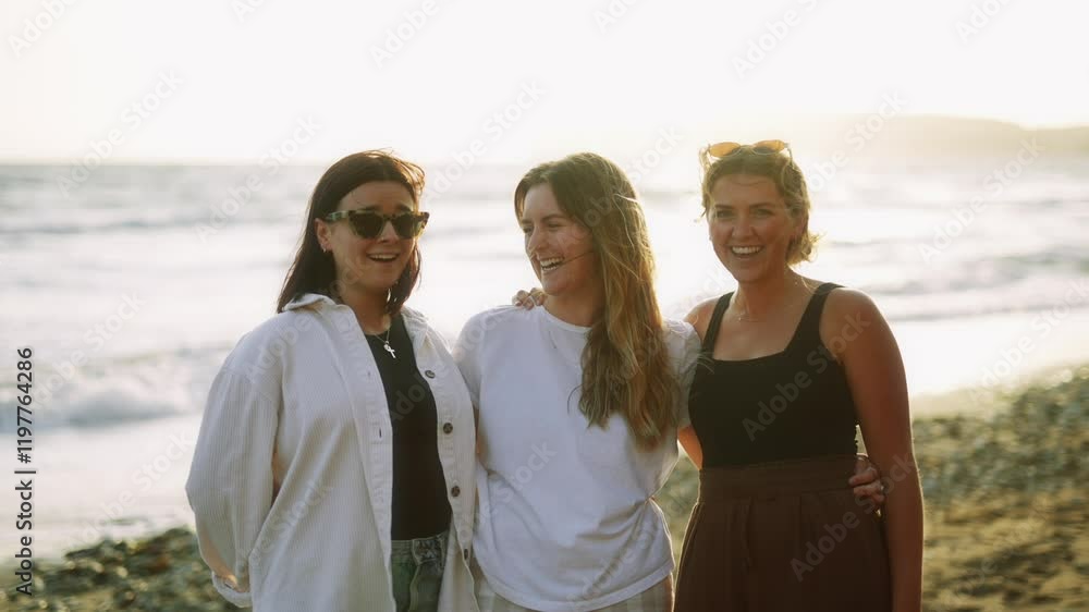 Three women are smiling and hugging each other on a beach. Scene is happy and friendly Three women are smiling and hugging each other on a beach. Scene is happy and friendly