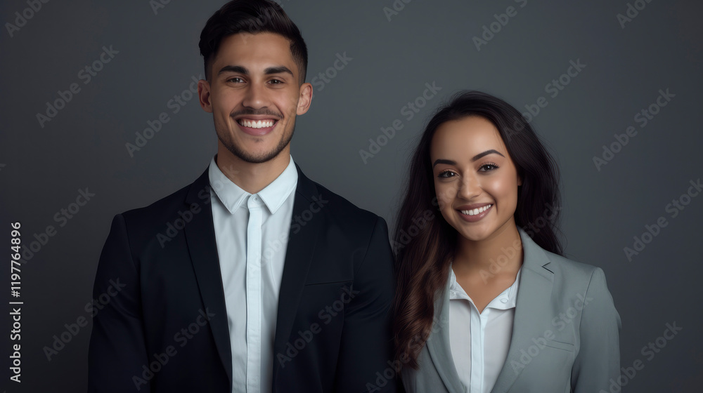 Portrait of group of successful young people of different races on gray background. Businessmen men and businesswomen smile, look at camera. Multiethnic team of creative people, people of different Portrait of group of successful young people of different races on gray background. Businessmen men and businesswomen smile, look at camera. Multiethnic team of creative people, people of different