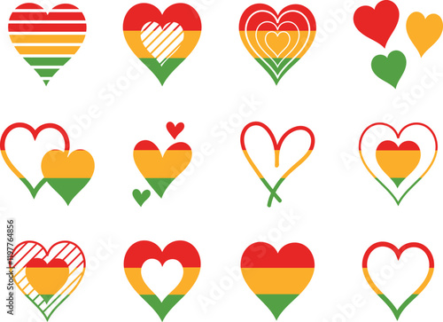 Heart drawing set in red, yellow, green. color for african american flag, juneteenth and black history month.