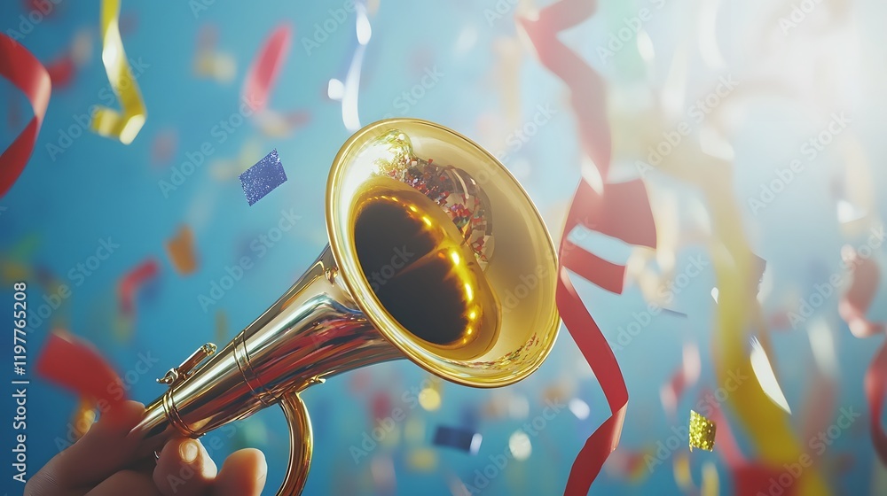 Obraz premium A golden trumpet held up against a vibrant blue background with colorful confetti flying around. The scene is celebratory and joyful, suggesting a festive occasion.