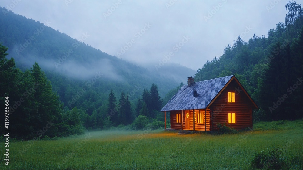 Cabin glowing in the twilight amid misty mountains and lush greenery Cabin glowing in the twilight amid misty mountains and lush greenery
