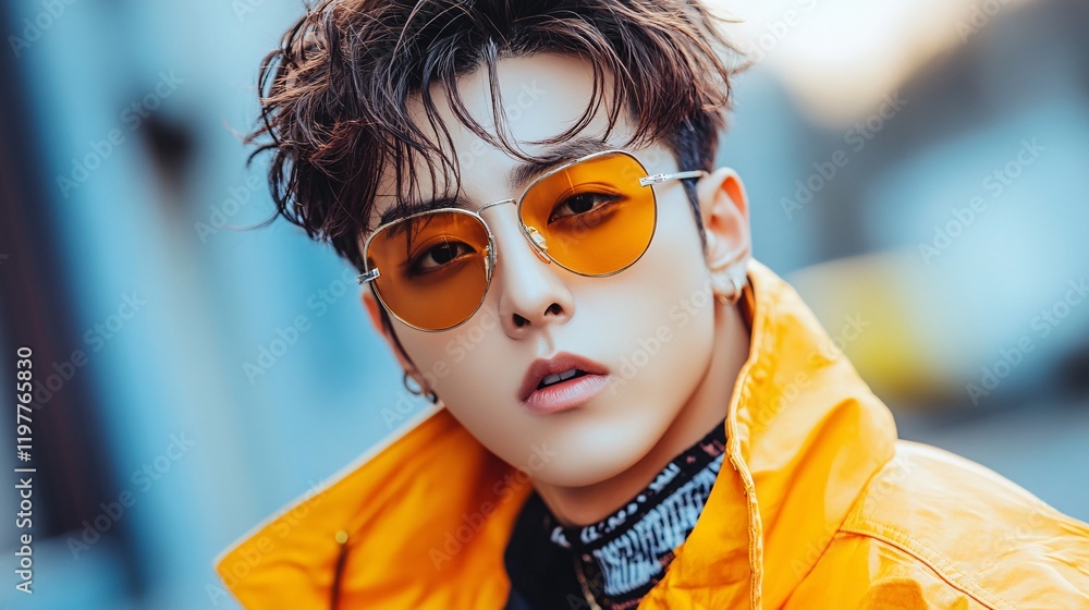 Fototapeta premium Stylish young man poses confidently in vibrant orange sunglasses and jacket