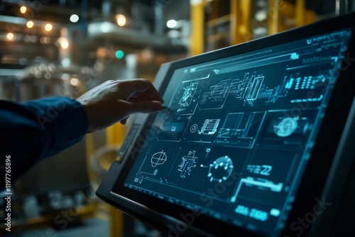 An operator recalibrates the industrial machine using a touchscreen panel, responding to IIoT sensor alerts to ensure optimal performance and efficiency while maintaining high standards photo