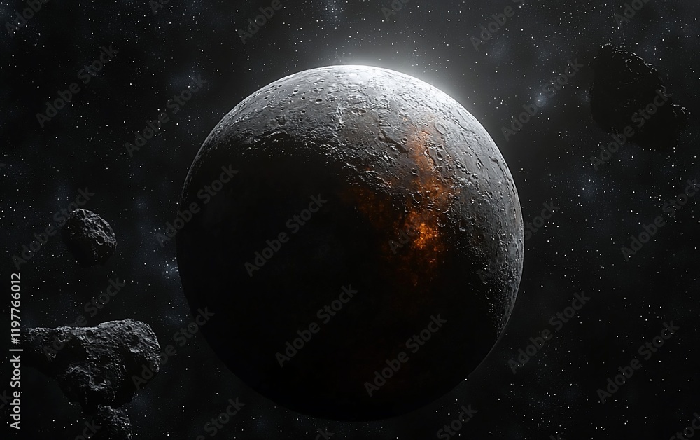 Obraz premium Volcanic planet in space with asteroids.