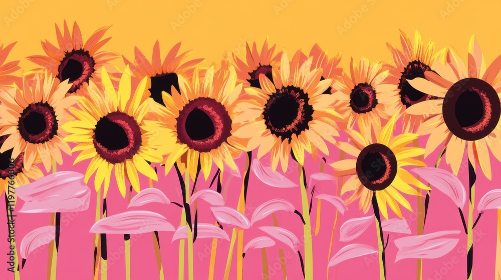 Naklejka premium A Vibrant Display of Sunflowers in a Bold Floral Arrangement. A Stunning Summertime Botanical Art Piece.