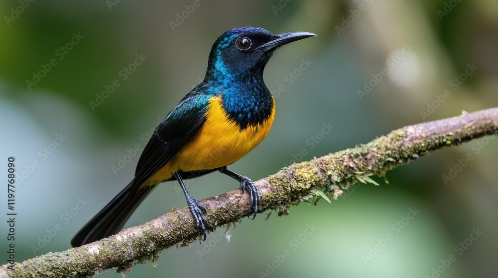 A vibrant bird with deep blue and golden plumage perches gracefully on a mossy branch amidst lush foliage, capturing nature's vivid palette. A vibrant bird with deep blue and golden plumage perches gracefully on a mossy branch amidst lush foliage, capturing nature's vivid palette.