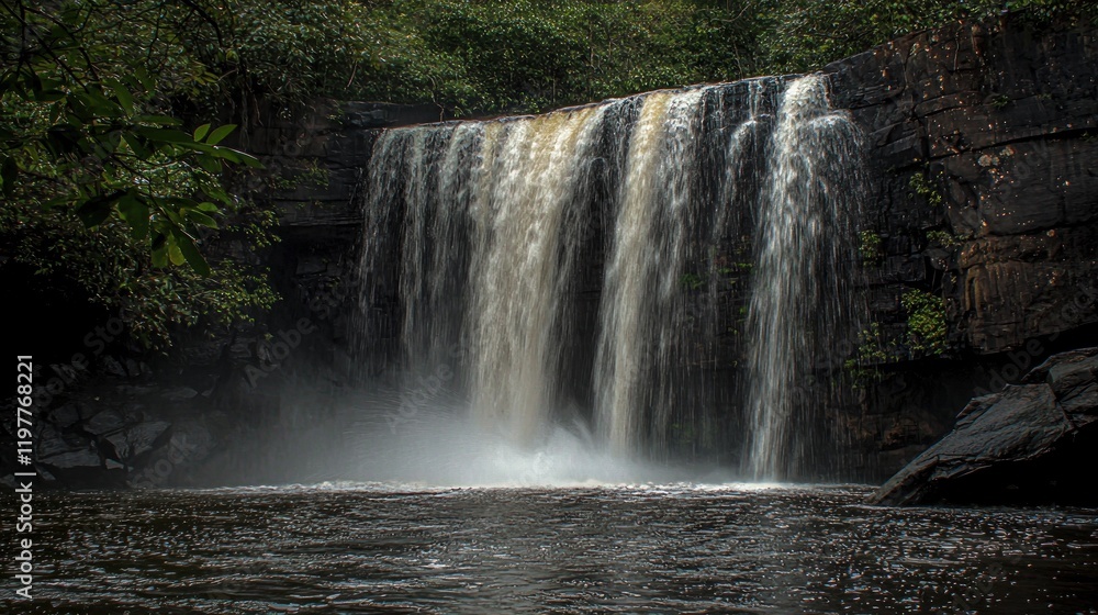 Obraz premium Jungle Waterfall Cascade, Lush Foliage, Mist, Travel Poster