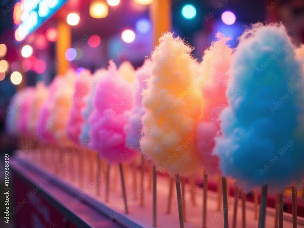 Naklejka premium This image shows colorful cotton candy on sticks, displayed in a vibrant, festive setting.