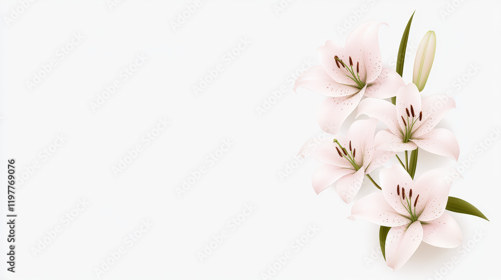 Delicate pink lilies bloom beautifully, framed by gentle greenery, creating a tranquil setting Delicate pink lilies bloom beautifully, framed by gentle greenery, creating a tranquil setting