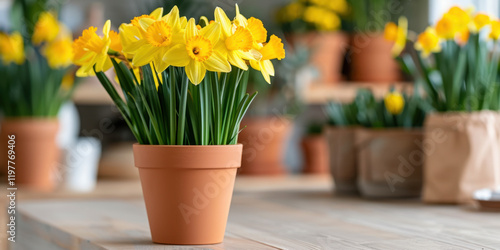 A cheerful display of yellow daffodils in a terracotta pot, set on a wooden table indoors, capturing the essence of spring and fresh floral decor.
 photo