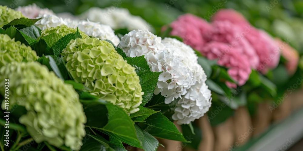 A captivating collection of hydrangeas in pastel shades of green, white, and pink, arranged in a lush display with vibrant green leaves for a fresh and lively look.
A captivating collection of hydrangeas in pastel shades of green, white, and pink, arranged in a lush display with vibrant green leaves for a fresh and lively look.