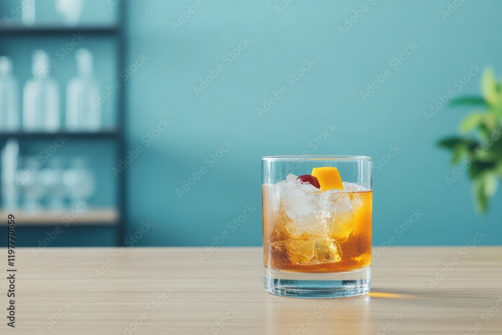 Sophisticated cocktail served on a wooden table against a stylish blue backdrop in a modern bar setting Sophisticated cocktail served on a wooden table against a stylish blue backdrop in a modern bar setting