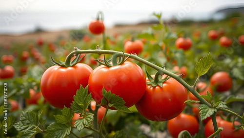 very red, big 2 rotund bambino tomatoes in the foreground, tomato leaves, charming, warm, more tomatoes, field, mediterranean sea, bambino tomatoes, photo