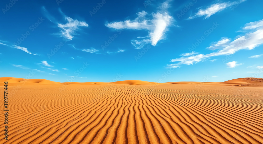 Naklejka premium A breathtaking view of a vast desert landscape featuring golden sand dunes under a clear blue sky, creating a tranquil and serene atmosphere perfect for nature lovers.