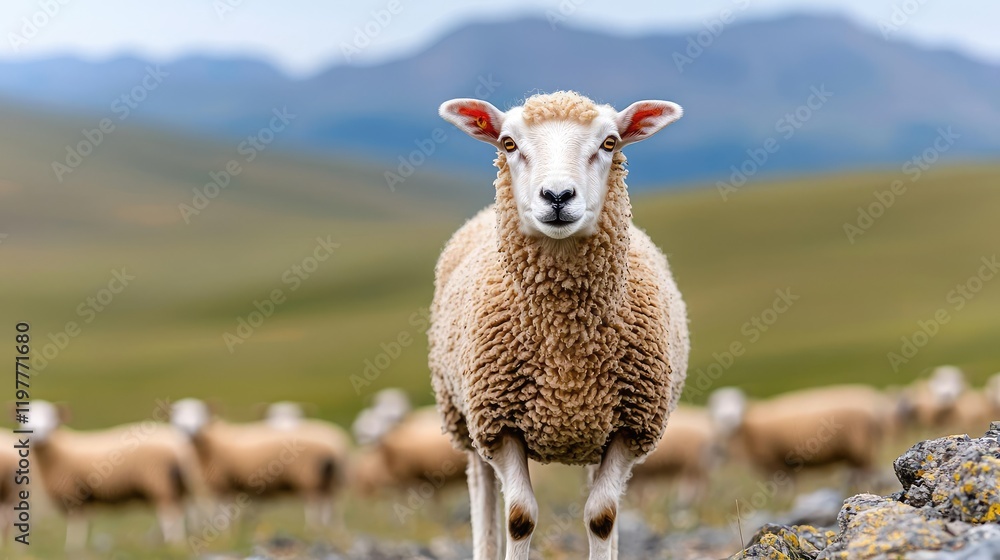 Fototapeta premium Sheep gazing, mountain pasture, flock background, rural scene, livestock farming image
