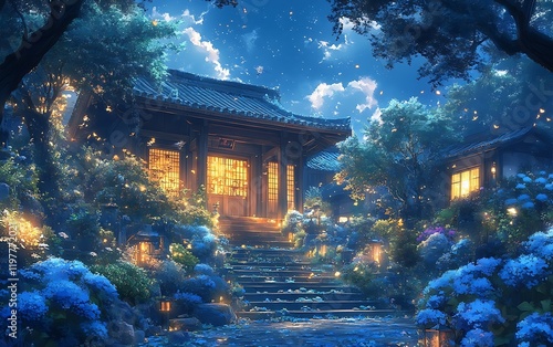 Obraz na płótnie Serene Japanese House Moonlight Garden w salonie