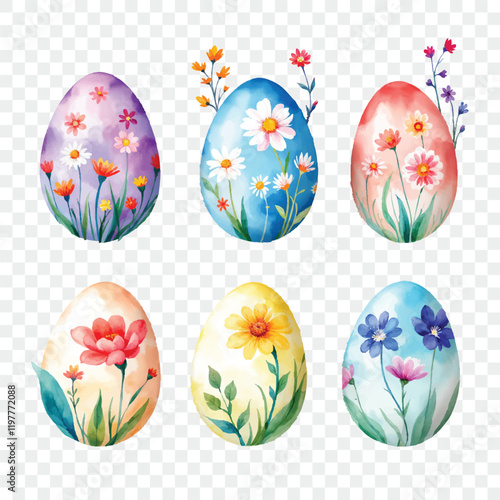 Set of watercolor vector colorful easter eggs isolated on transparent background. Easter and spring holidays