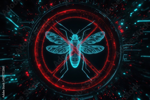 a red and blue insect with a no sign in the middle