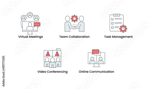Virtual Meetings and Collaboration icon set. Includes Virtual Meetings, Team Collaboration, Task Management, Video Conferencing, and Online Communication icons. Vector icon set.