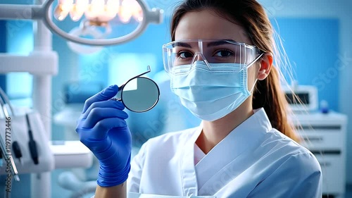 A professional dentist holding a dental scaler and mirror, wearing a mask and gloves, in a state-of-the-art clinic with ergonomic design and advanced equipment photo