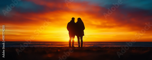 A romantic couple stands together on the beach during a vibrant sunset, capturing a moment of love and tranquility as the colorful sky reflects on the water. photo