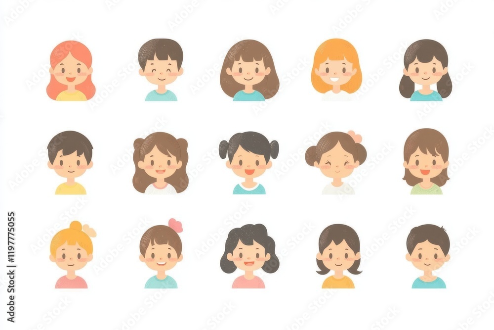 Set of people avatars, portrait icons in a flat style illustration on a white background Set of smiling male and female faces with different emotions and hairstyles for profile pictures Generative AI Set of people avatars, portrait icons in a flat style illustration on a white background Set of smiling male and female faces with different emotions and hairstyles for profile pictures Generative AI