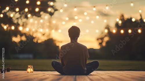 Person meditating outdoors at sunset under string lights. photo