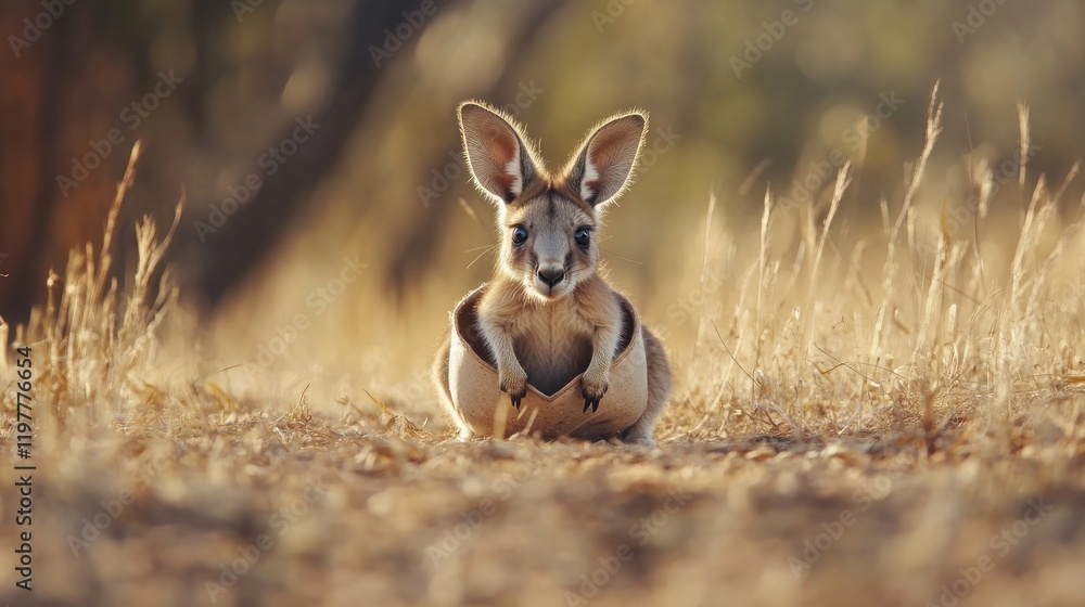 A young kangaroo sitting in a sunlit, grassy field. A young kangaroo sitting in a sunlit, grassy field.