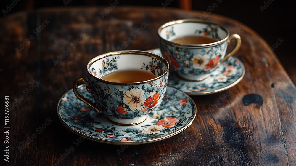Fototapeta premium Two ornate teacups rest gently on dark wood soft warm light enhances floral detail. AI Generated