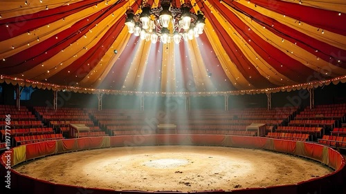 Empty Circus Ring Under Striped Tent and Stage Lights