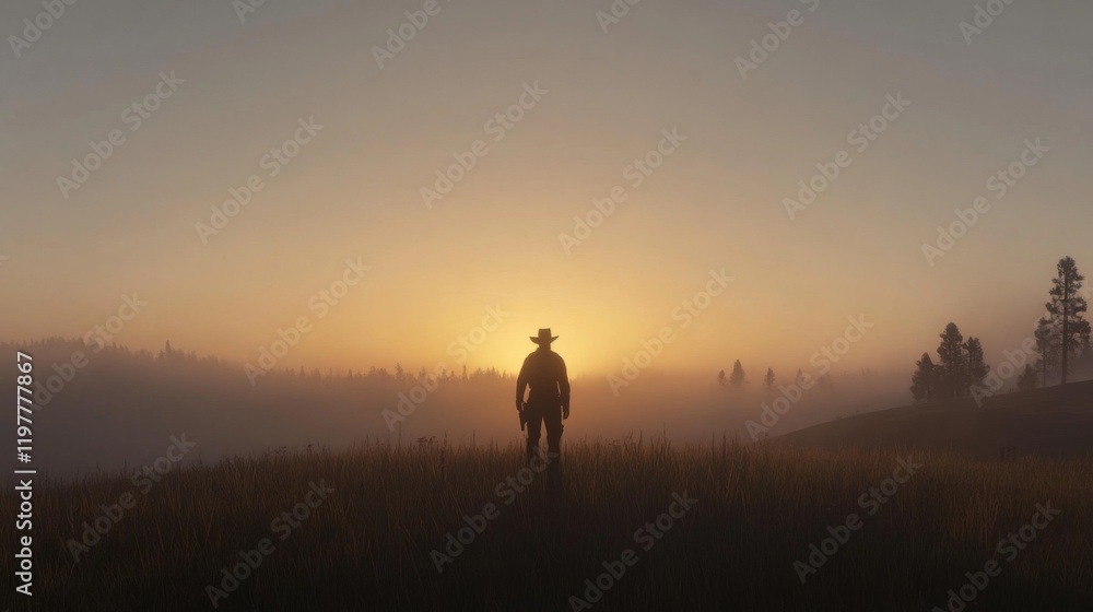 Solitary figure in a misty sunrise field. Solitary figure in a misty sunrise field.