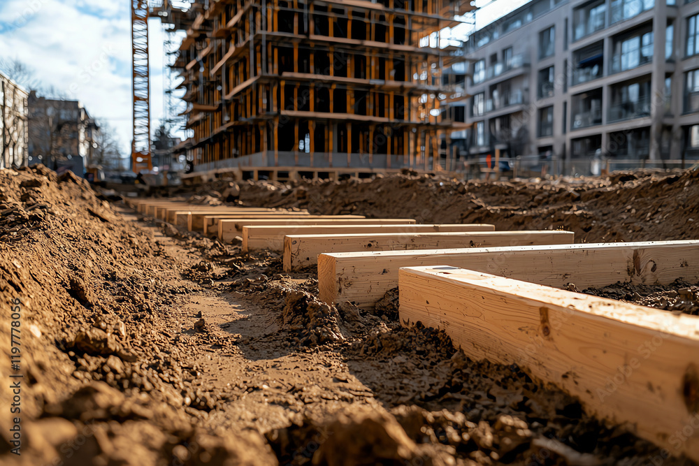 An urban construction site featuring wooden planks laid on a dirt foundation with a partially built building in the background under a clear blue sky.