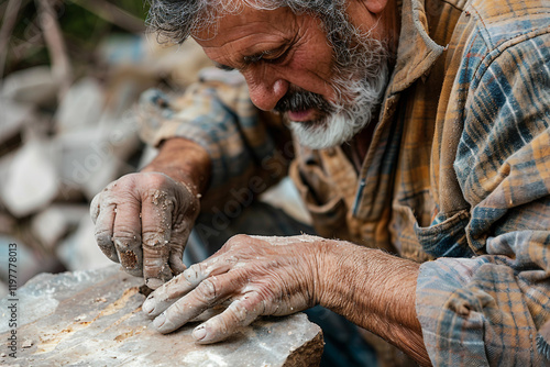 Generative AI Image of a Stonemason Working with Stone, Shaping and Carving Stone Surface photo