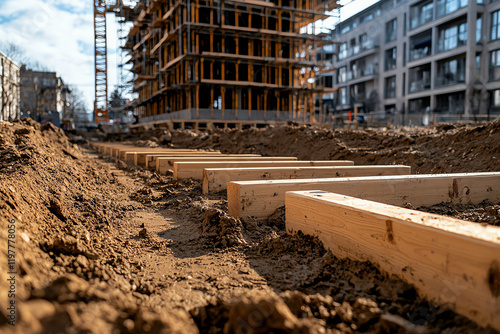 Obraz na płótnie An urban construction site featuring wooden planks laid on a dirt foundation with a partially built building in the background under a clear blue sky. w salonie
