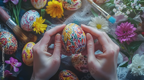 Woman's hands gently hold a beautifully decorated Easter egg, surrounded by other intricately painted eggs and spring flowers. A scene of springtime artistry and tradition. photo