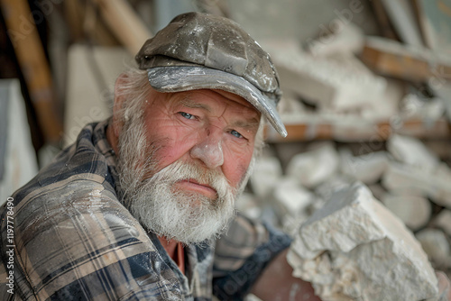 Generative AI Image of a Stonemason Working with Stone, Shaping and Carving Stone Surface photo