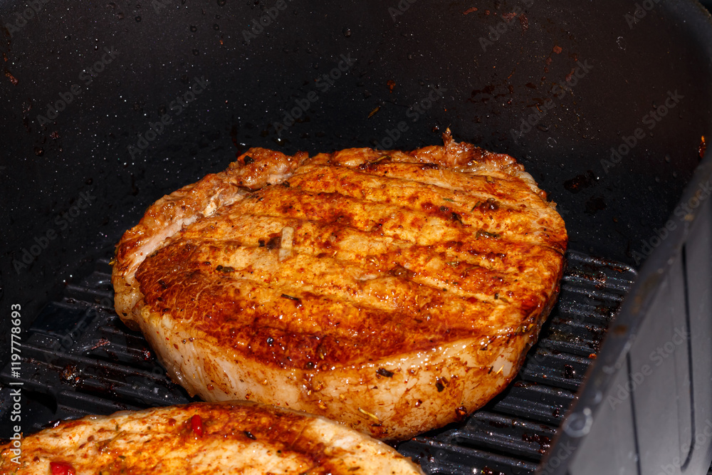 Pork steak is cooked in an air grill Pork steak is cooked in an air grill