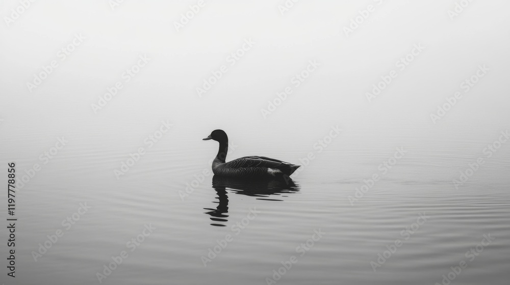 Obraz premium Solitary swan swimming on calm, misty water.