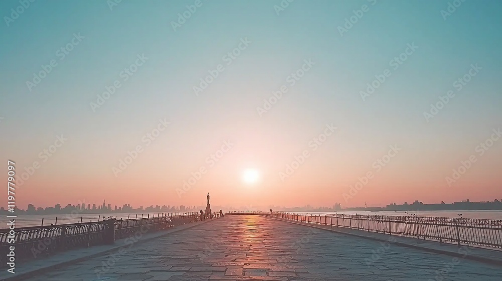 Fototapeta premium Sunrise over calm water, long pier, hazy city skyline.