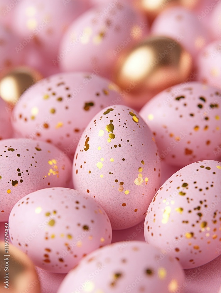 A collection of pink eggs with gold specks, perfect for Easter decorations or gifts. A collection of pink eggs with gold specks, perfect for Easter decorations or gifts.