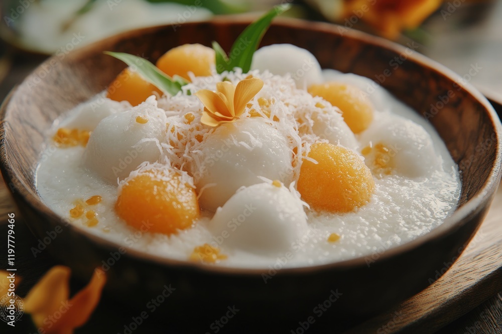 A delicious serving of yogurt parfait topped with coconut flakes, orange slices, and yellow pepper. A refreshing dessert or snack.
